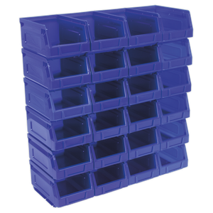 The Sealey TPS224B Plastic Storage Bin 105 x 165 x 85mm - Blue Pack of 24 is a shockproof polymer organizer featuring a durable blue design, with bins arranged in a practical 6x4 grid to resist damage.