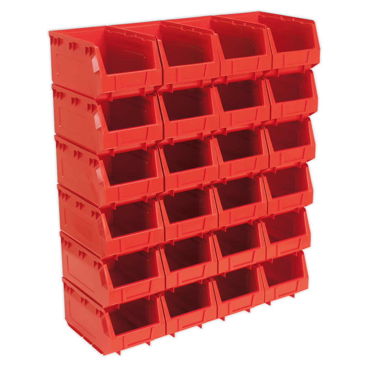 A 5x4 grid of Sealey Plastic Storage Bins (product code: TPS324R), each measuring 150 x 240 x 130mm and made from shockproof polymer, used to organize and hold small items.