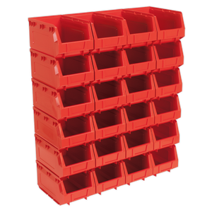 A 5x4 grid of Sealey Plastic Storage Bins (product code: TPS324R), each measuring 150 x 240 x 130mm and made from shockproof polymer, used to organize and hold small items.