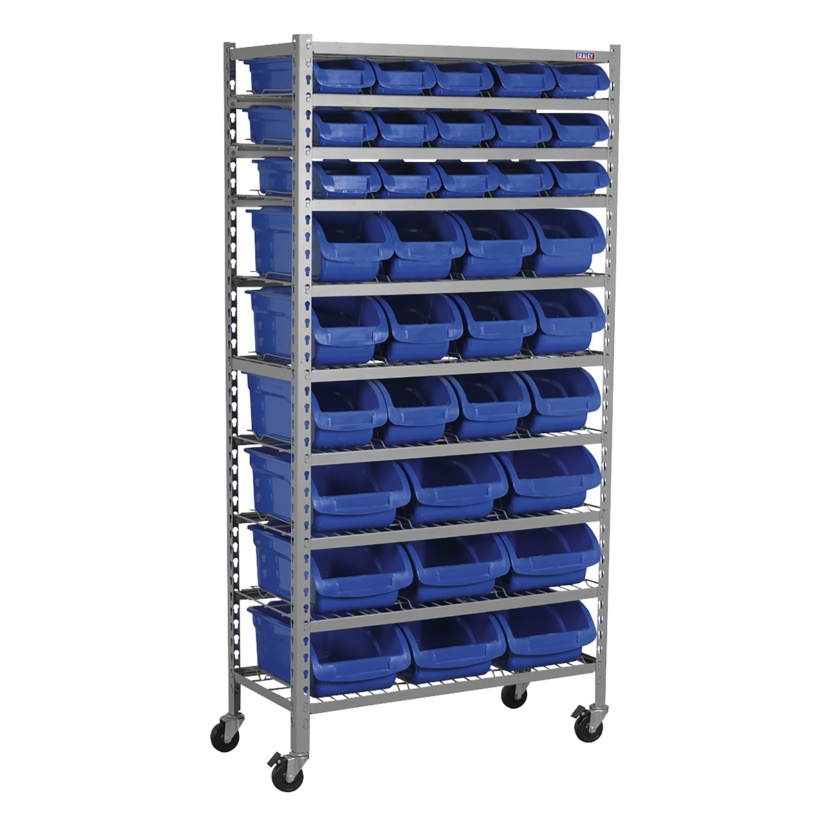 A Sealey Mobile Bin Storage System 36 Bins - TPS36 featuring multiple shelves and heavy-duty castors for easy mobility, complete with numerous blue storage bins.