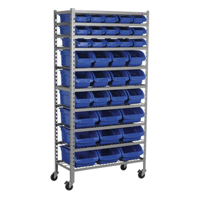 A Sealey Mobile Bin Storage System 36 Bins - TPS36 featuring multiple shelves and heavy-duty castors for easy mobility, complete with numerous blue storage bins.