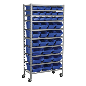 A Sealey Mobile Bin Storage System 36 Bins - TPS36 featuring multiple shelves and heavy-duty castors for easy mobility, complete with numerous blue storage bins.