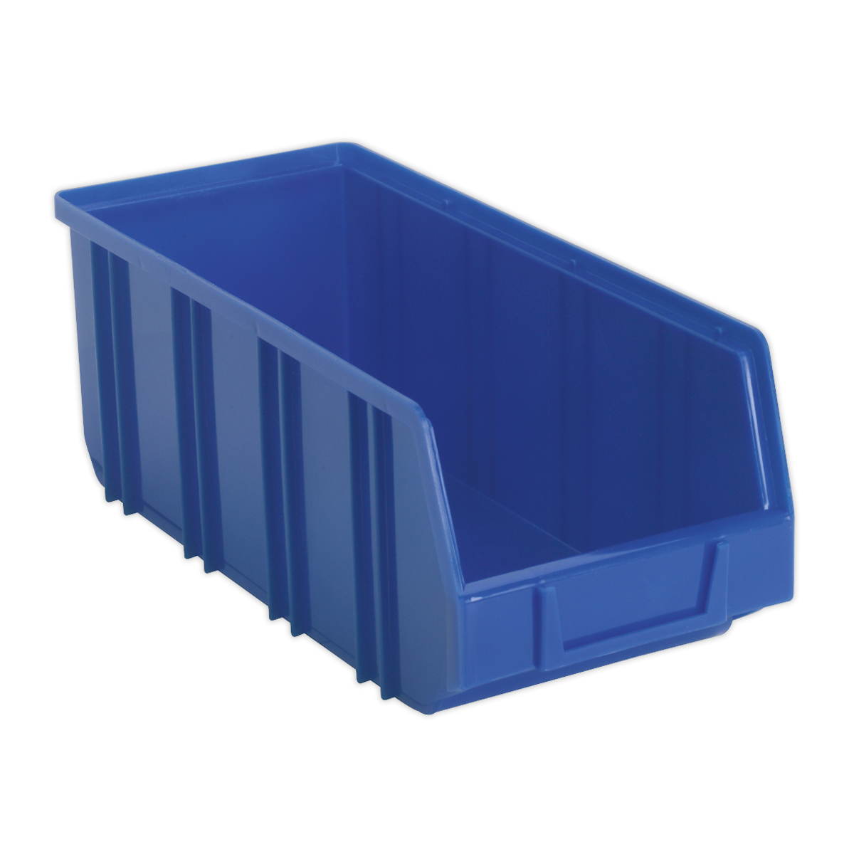 The Plastic Storage Bin Deep 145 x 335 x 125mm in blue from Sealey, made from shockproof polymer and featuring an open front and ribbed sides, is perfect for organization and easy access to contents. Available in a pack of 16 (TPS3D).