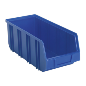 The Plastic Storage Bin Deep 145 x 335 x 125mm in blue from Sealey, made from shockproof polymer and featuring an open front and ribbed sides, is perfect for organization and easy access to contents. Available in a pack of 16 (TPS3D).