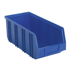 The Plastic Storage Bin Deep 145 x 335 x 125mm in blue from Sealey, made from shockproof polymer and featuring an open front and ribbed sides, is perfect for organization and easy access to contents. Available in a pack of 16 (TPS3D).