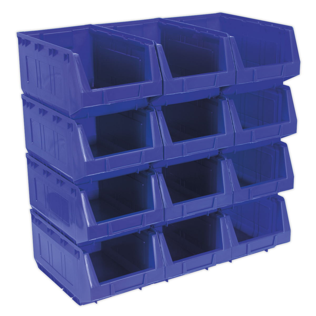 A 3x3 grid of nine Sealey Plastic Storage Bins (210 x 355 x 165mm, TPS412B) in blue, made from shockproof polymer with open fronts for easy access.