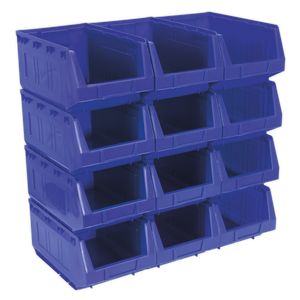 A 3x3 grid of nine Sealey Plastic Storage Bins (210 x 355 x 165mm, TPS412B) in blue, made from shockproof polymer with open fronts for easy access.