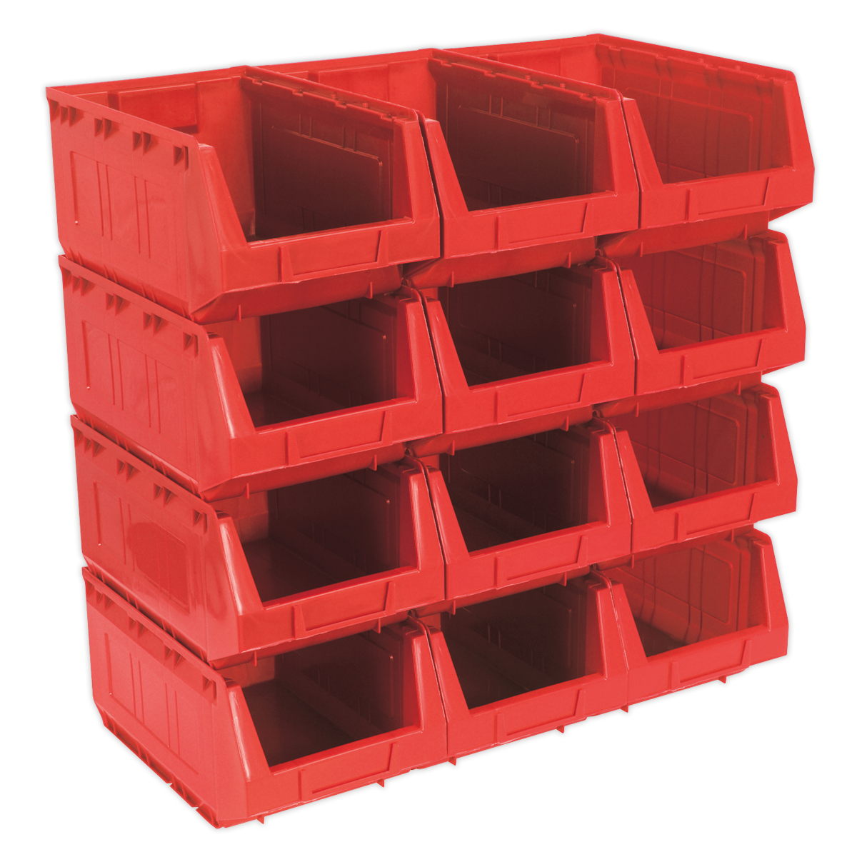 Sealey's TPS412R Plastic Storage Bins, measuring 210 x 355 x 165mm, come in a pack of 12 and are made from shockproof polymer. These red bins feature open fronts and are arranged in a 3x3 grid.