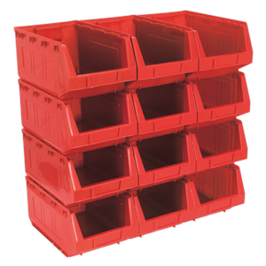 Sealey's TPS412R Plastic Storage Bins, measuring 210 x 355 x 165mm, come in a pack of 12 and are made from shockproof polymer. These red bins feature open fronts and are arranged in a 3x3 grid.