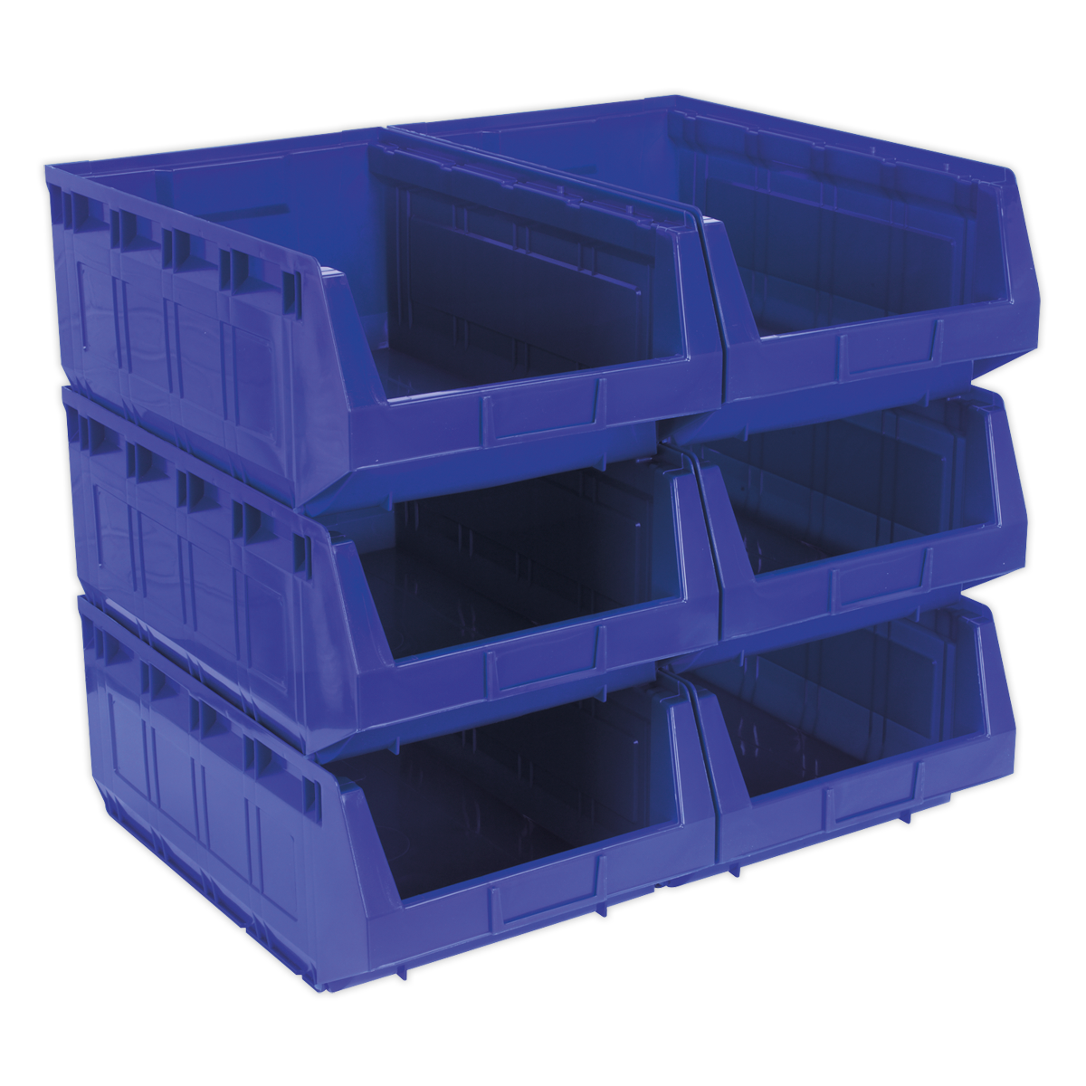 A set of four blue Sealey Plastic Storage Bins (model TPS56B, dimensions 310 x 500 x 190 mm), each crafted from shockproof polymer and divided into two compartments.