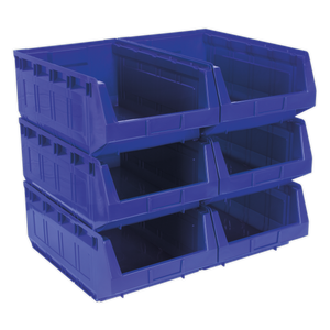 A set of four blue Sealey Plastic Storage Bins (model TPS56B, dimensions 310 x 500 x 190 mm), each crafted from shockproof polymer and divided into two compartments.