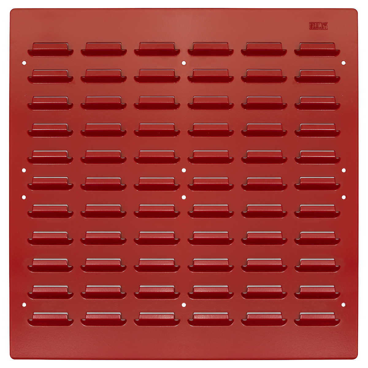 The Sealey Steel Louvre Panel 500 x 500mm Pack of 2 - TPS6 features a red finish with symmetrical rows of horizontal rectangular slots, crafted from heavy gauge steel.