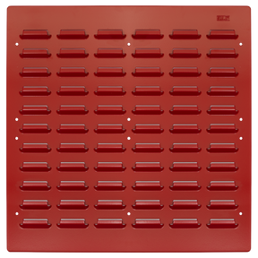 The Sealey Steel Louvre Panel 500 x 500mm Pack of 2 - TPS6 features a red finish with symmetrical rows of horizontal rectangular slots, crafted from heavy gauge steel.