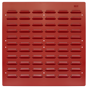 The Sealey Steel Louvre Panel 500 x 500mm Pack of 2 - TPS6 features a red finish with symmetrical rows of horizontal rectangular slots, crafted from heavy gauge steel.