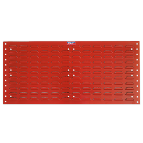 A Sealey Steel Louvre Panel, measuring 1000 x 500mm and sold in a pack of two, featuring multiple slots and holes for tool organization, crafted from epoxy powder-coated steel and mounted on a black frame.