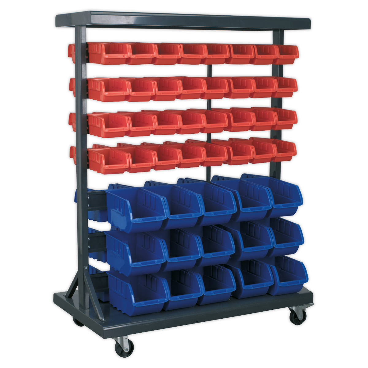 The Sealey Mobile Bin Storage System with 94 Bins - TPS94 is a rolling storage rack designed for organizing items, featuring multiple rows of red and blue composite storage bins, powder-coated steel racking, and heavy-duty castors.