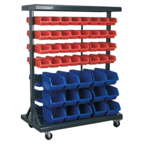 The Sealey Mobile Bin Storage System with 94 Bins - TPS94 is a rolling storage rack designed for organizing items, featuring multiple rows of red and blue composite storage bins, powder-coated steel racking, and heavy-duty castors.