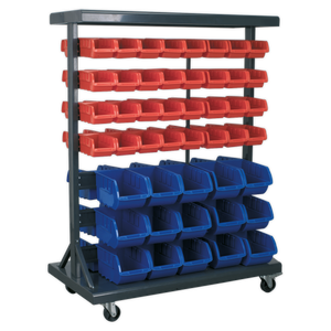 The Sealey Mobile Bin Storage System with 94 Bins - TPS94 is a rolling storage rack designed for organizing items, featuring multiple rows of red and blue composite storage bins, powder-coated steel racking, and heavy-duty castors.