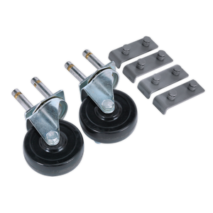 The Sealey Mobile Bin Storage System Joining Kit - TPSJK includes two metal swivel casters with black wheels, a fixing kit, and four black plastic or rubber brackets for mounting or support. This kit is ideal for multiple units and offers model compatibility across various applications.