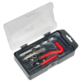 Open the Sealey Thread Repair Kit M10 x 1.5mm - TRM10, which features a clear-lid tool case containing drill bits, a threading tap, and red-handled allen wrenches for repairing damaged threads.