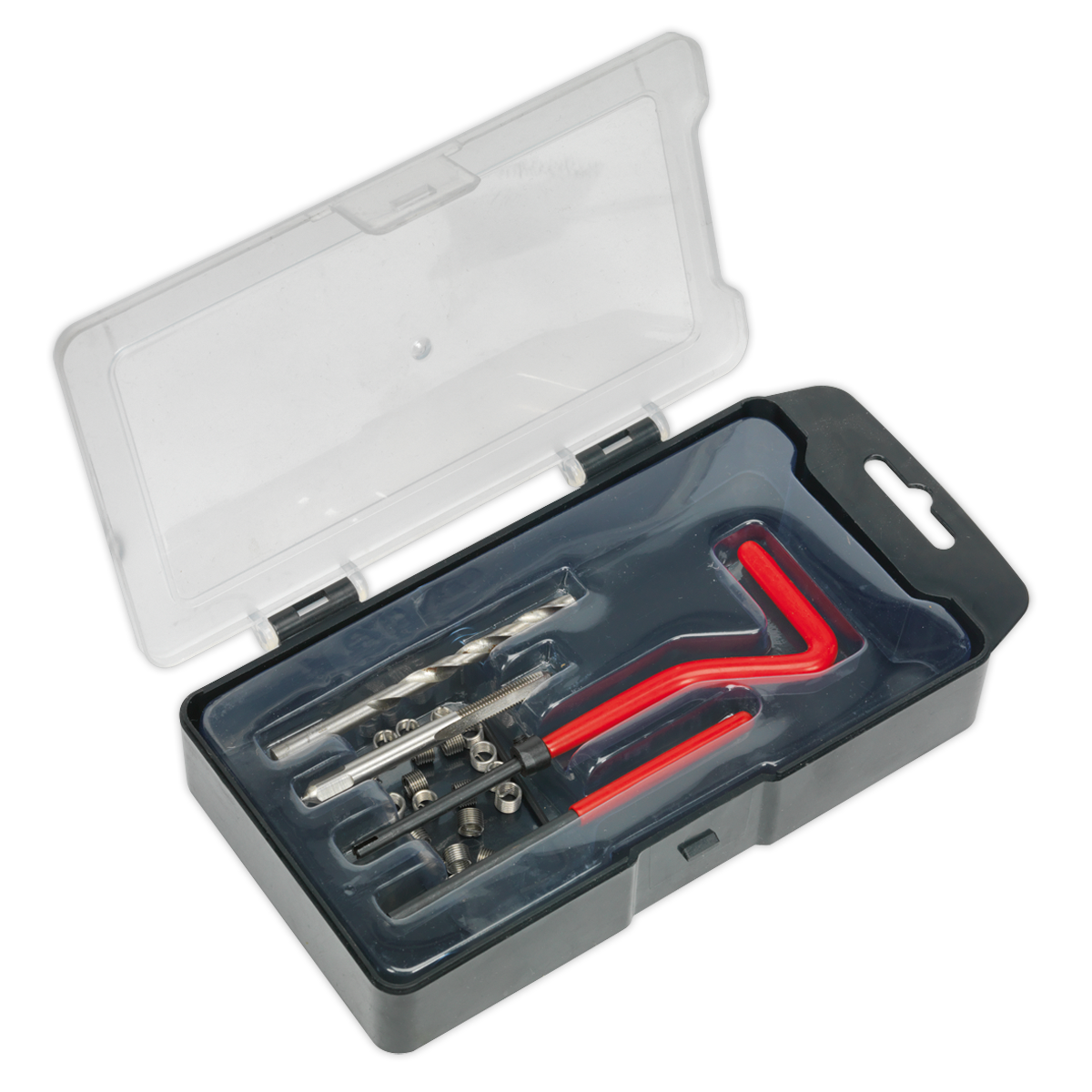 The Sealey Thread Repair Kit M5 x 0.8mm - TRM5 comes in a transparent plastic case and includes drill bits, red-handled hex keys, and thread inserts for repairing damaged threads.