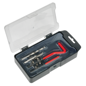 The Sealey Thread Repair Kit M5 x 0.8mm - TRM5 comes in a transparent plastic case and includes drill bits, red-handled hex keys, and thread inserts for repairing damaged threads.