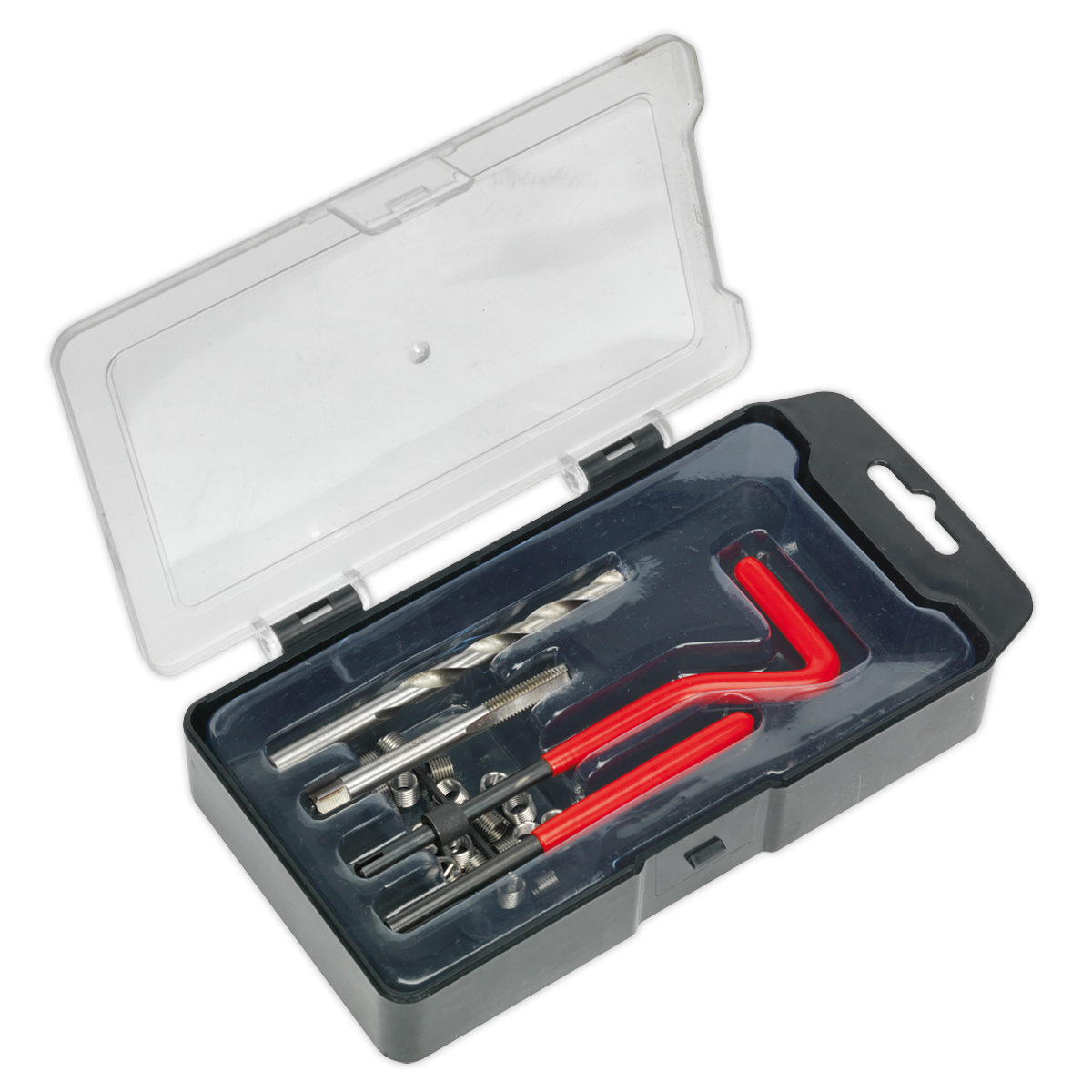 The Sealey Thread Repair Kit M6 x 1mm - TRM6 features a plastic case with a transparent lid, containing various drill bits and red-handled tools organized in designated slots, making it perfect for repairing damaged threads and ensuring a stronger internal thread.