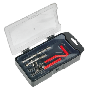 The Sealey Thread Repair Kit M6 x 1mm - TRM6 features a plastic case with a transparent lid, containing various drill bits and red-handled tools organized in designated slots, making it perfect for repairing damaged threads and ensuring a stronger internal thread.