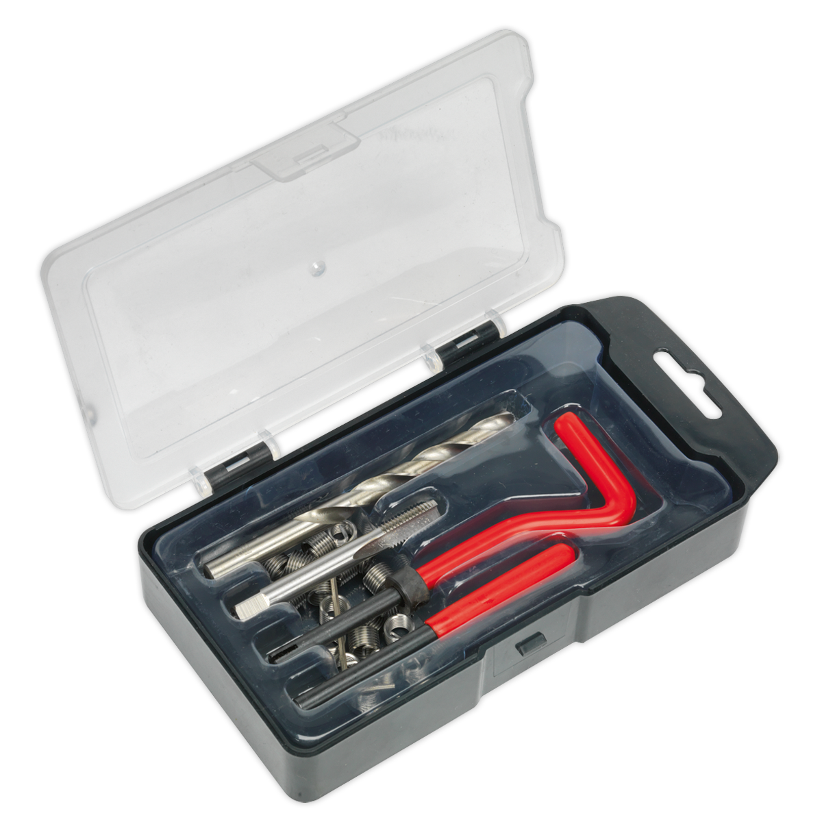 The Sealey Thread Repair Kit M8 x 1.25mm - TRM8 is a plastic case containing a comprehensive set of tools for repairing damaged threads, including drill bits, thread inserts for creating stronger internal threads, a tap, and two red-handled hex keys.