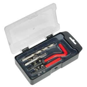 The Sealey Thread Repair Kit M8 x 1.25mm - TRM8 is a plastic case containing a comprehensive set of tools for repairing damaged threads, including drill bits, thread inserts for creating stronger internal threads, a tap, and two red-handled hex keys.