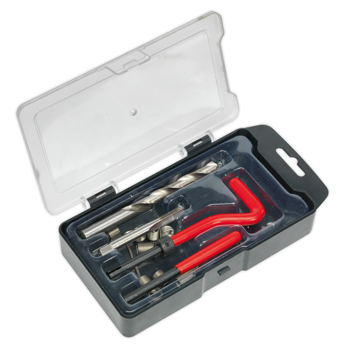 Introducing the Sealey Thread Repair Kit M9 x 1.25mm - TRM9, a plastic case with a clear lid that includes drill bits, internal threads, and red handle tools.