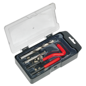 Introducing the Sealey Thread Repair Kit M9 x 1.25mm - TRM9, a plastic case with a clear lid that includes drill bits, internal threads, and red handle tools.