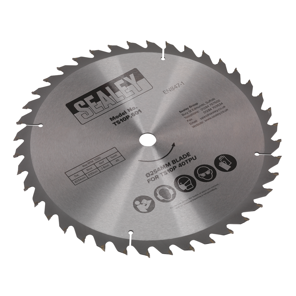 A circular table saw blade branded "Sealey," model "TS10P.601," features numerous teeth and symbols indicating proper usage and specifications. With a diameter of 254mm, it promises precision and efficiency for various cutting tasks.