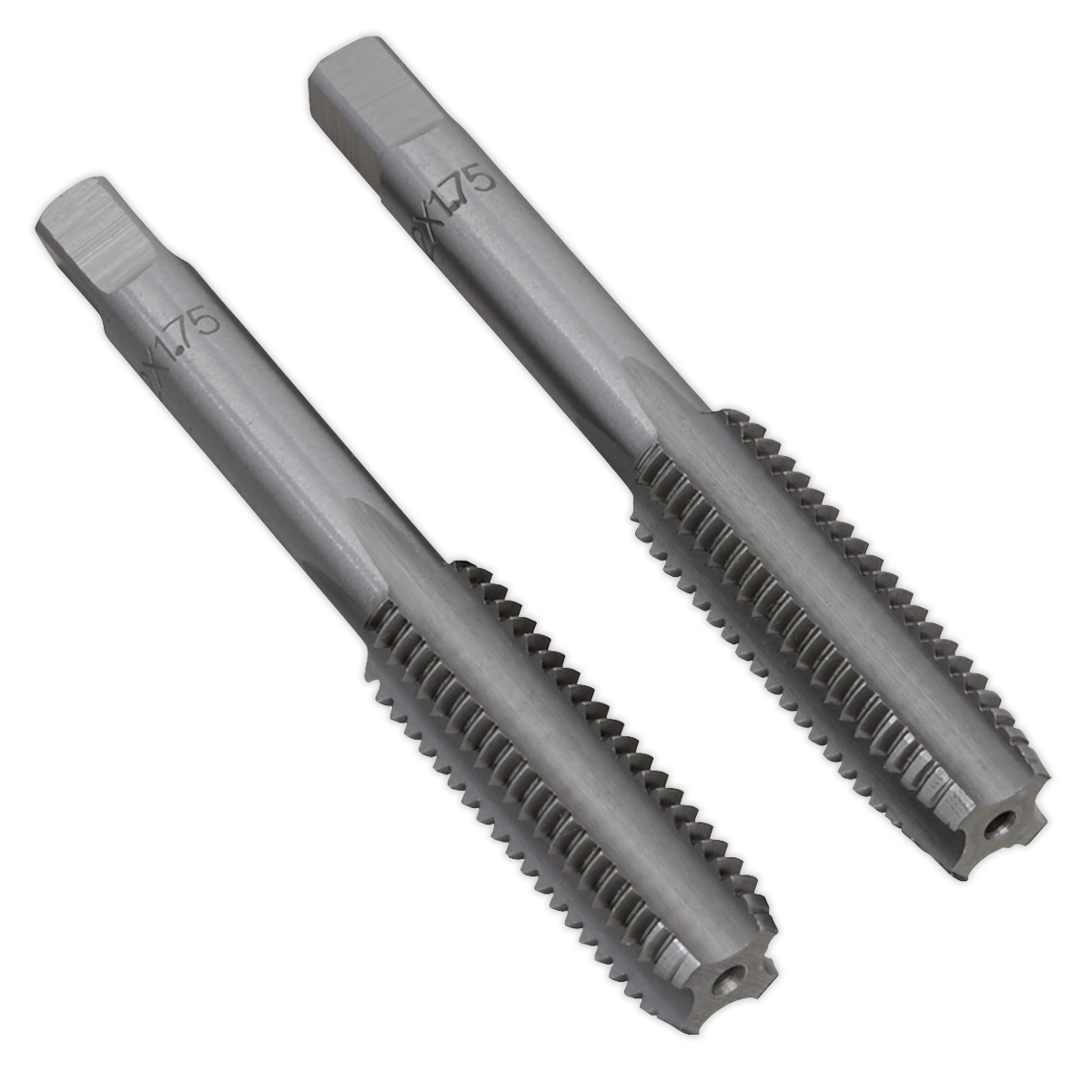 Two precision-engineered metal thread taps positioned diagonally side by side, each with grooved cutting edges and marked with "M12 x 1.75mm." This high-quality Sealey Tap Set 2pc (Taper & Plug) TSM12 comes in a durable plastic storage case for convenience.