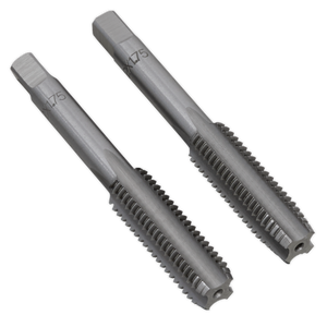 Two precision-engineered metal thread taps positioned diagonally side by side, each with grooved cutting edges and marked with "M12 x 1.75mm." This high-quality Sealey Tap Set 2pc (Taper & Plug) TSM12 comes in a durable plastic storage case for convenience.