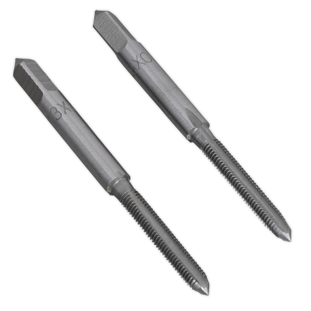 The Sealey Tap Set 2pc (Taper & Plug) M3 x 0.5mm - TSM3 consists of two identical, high-quality steel taps with hexagonal shanks and threaded cutting edges, designed for precisely cutting screw threads into various materials. These taper and plug taps ensure precision in every cut.