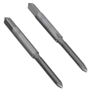 The Sealey Tap Set 2pc (Taper & Plug) M3 x 0.5mm - TSM3 consists of two identical, high-quality steel taps with hexagonal shanks and threaded cutting edges, designed for precisely cutting screw threads into various materials. These taper and plug taps ensure precision in every cut.