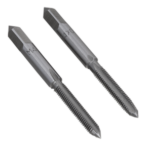 Two metal spiral taps from the Sealey Tap Set 2pc (Taper & Plug) M4 x 0.7mm - TSM4, precision engineered with "M4 x 0" labeling on the shafts, are placed parallel to each other.