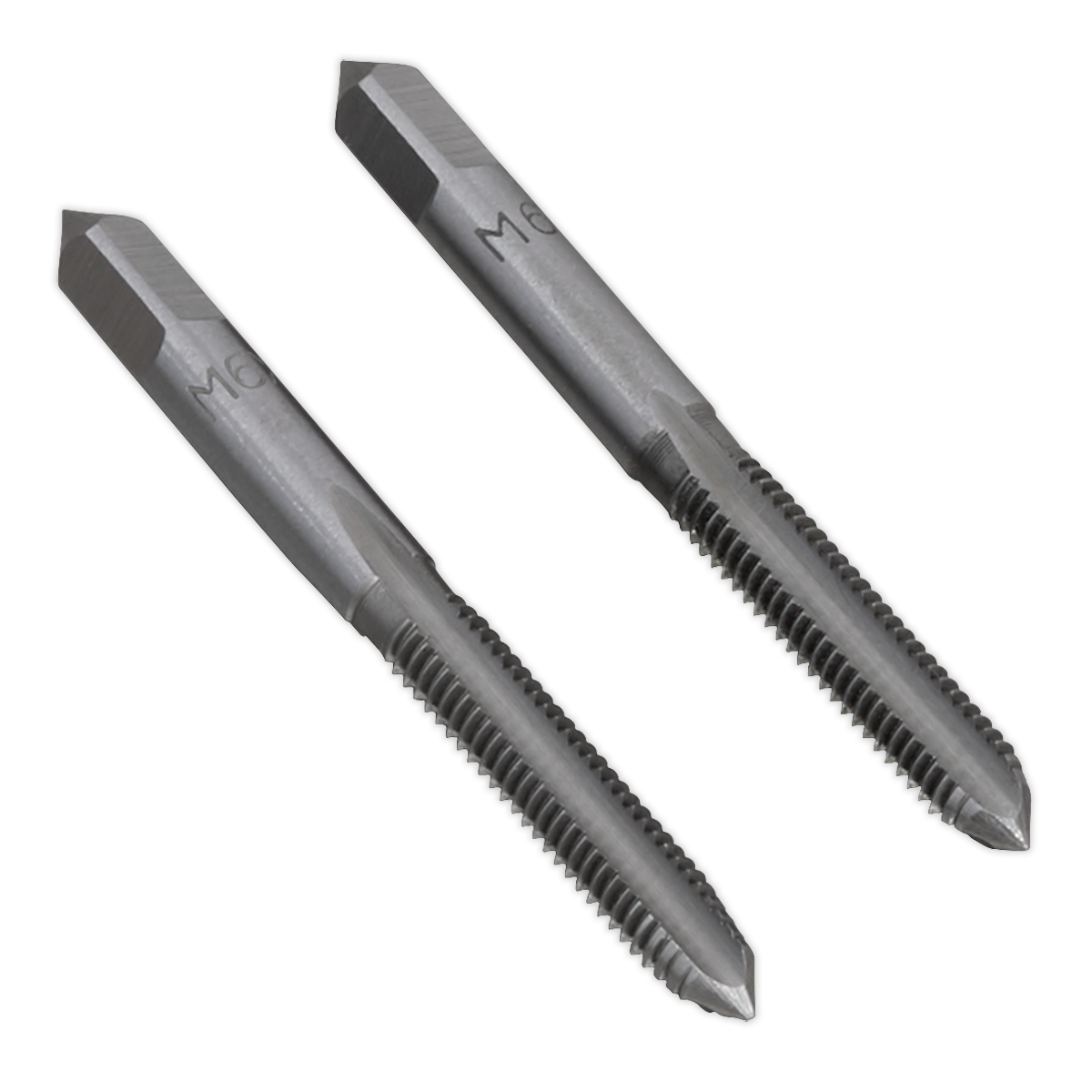 The Sealey Tap Set 2pc (Taper & Plug) M6 x 1mm - TSM6, precision-engineered with pointed ends and threaded bodies, is displayed parallel to each other on a plain background. This high-quality steel tap set ensures accurate and durable performance.