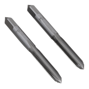 The Sealey Tap Set 2pc (Taper & Plug) M6 x 1mm - TSM6, precision-engineered with pointed ends and threaded bodies, is displayed parallel to each other on a plain background. This high-quality steel tap set ensures accurate and durable performance.