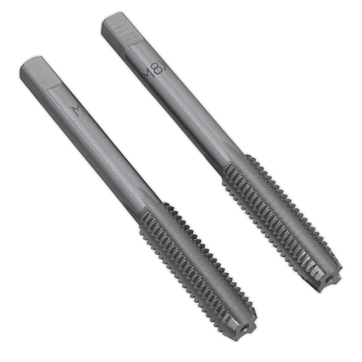 Two precision-engineered metal cutting taps from the Sealey Tap Set 2pc (Taper & Plug) M8 x 1.25mm - TSM8, each featuring straight flutes and cylindrical shanks, are positioned side by side on a white background. These plug and taper taps exemplify quality craftsmanship.