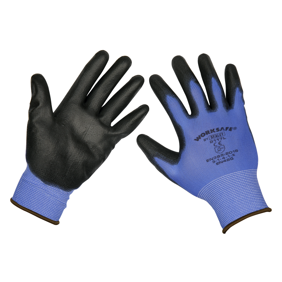 A pack of six pairs of Sealey Lightweight Precision Grip Gloves (Large), product code TSP117L/6, featuring both front and back views. These blue and black polyurethane-coated gloves with text and logo ensure superior dexterity for various tasks.