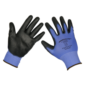 A pack of six pairs of Sealey Lightweight Precision Grip Gloves (Large), product code TSP117L/6, featuring both front and back views. These blue and black polyurethane-coated gloves with text and logo ensure superior dexterity for various tasks.