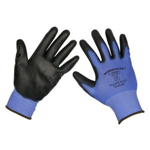 A pack of six pairs of Sealey Lightweight Precision Grip Gloves (Large), product code TSP117L/6, featuring both front and back views. These blue and black polyurethane-coated gloves with text and logo ensure superior dexterity for various tasks.