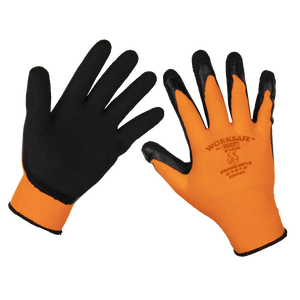 A pack of six pairs of large Foam Latex Gloves, each in orange and black, offering superior grip due to their latex coating, with one glove displaying the "Sealey" brand and safety certification details on the back. Product code: TSP140L/6.