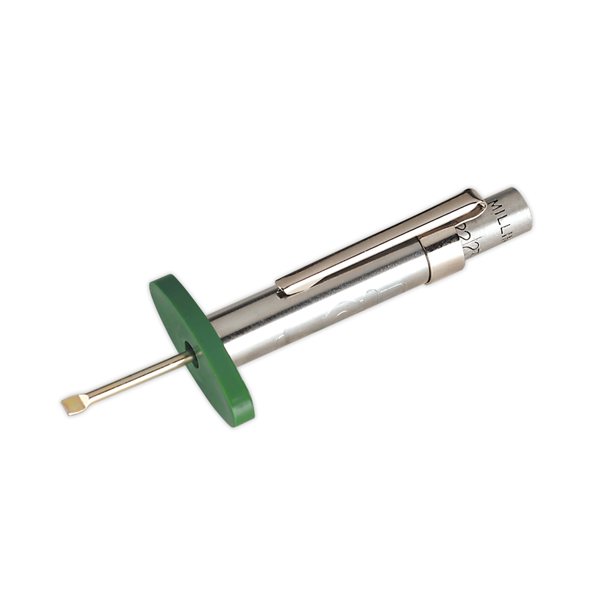 The Sealey Tyre Tread Depth Gauge DVSA Approved - TST/DG is a chrome tool with a square drive end, a green T-shaped handle, and a cylindrical, chromed steel body featuring a clip on the side.