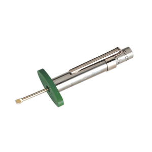 The Sealey Tyre Tread Depth Gauge DVSA Approved - TST/DG is a chrome tool with a square drive end, a green T-shaped handle, and a cylindrical, chromed steel body featuring a clip on the side.