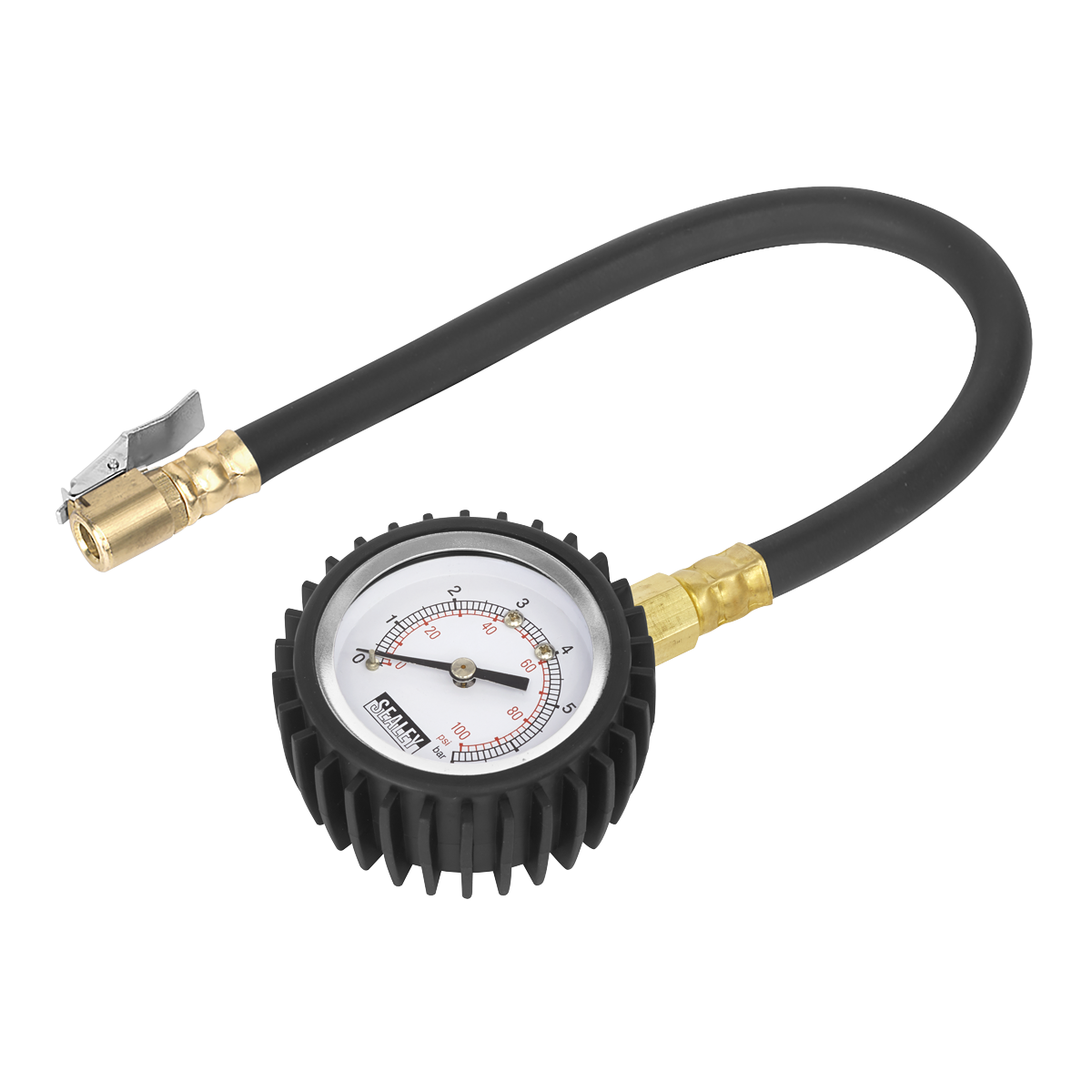 The Sealey Tyre Pressure Gauge with Clip-On Chuck (TST/PG6) is a robust tool featuring a flexible hose and brass fittings, and displays measurements in both psi (0-100) and bar (0-7).