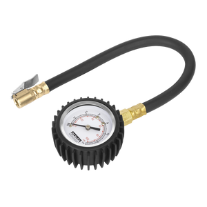 The Sealey Tyre Pressure Gauge with Clip-On Chuck (TST/PG6) is a robust tool featuring a flexible hose and brass fittings, and displays measurements in both psi (0-100) and bar (0-7).