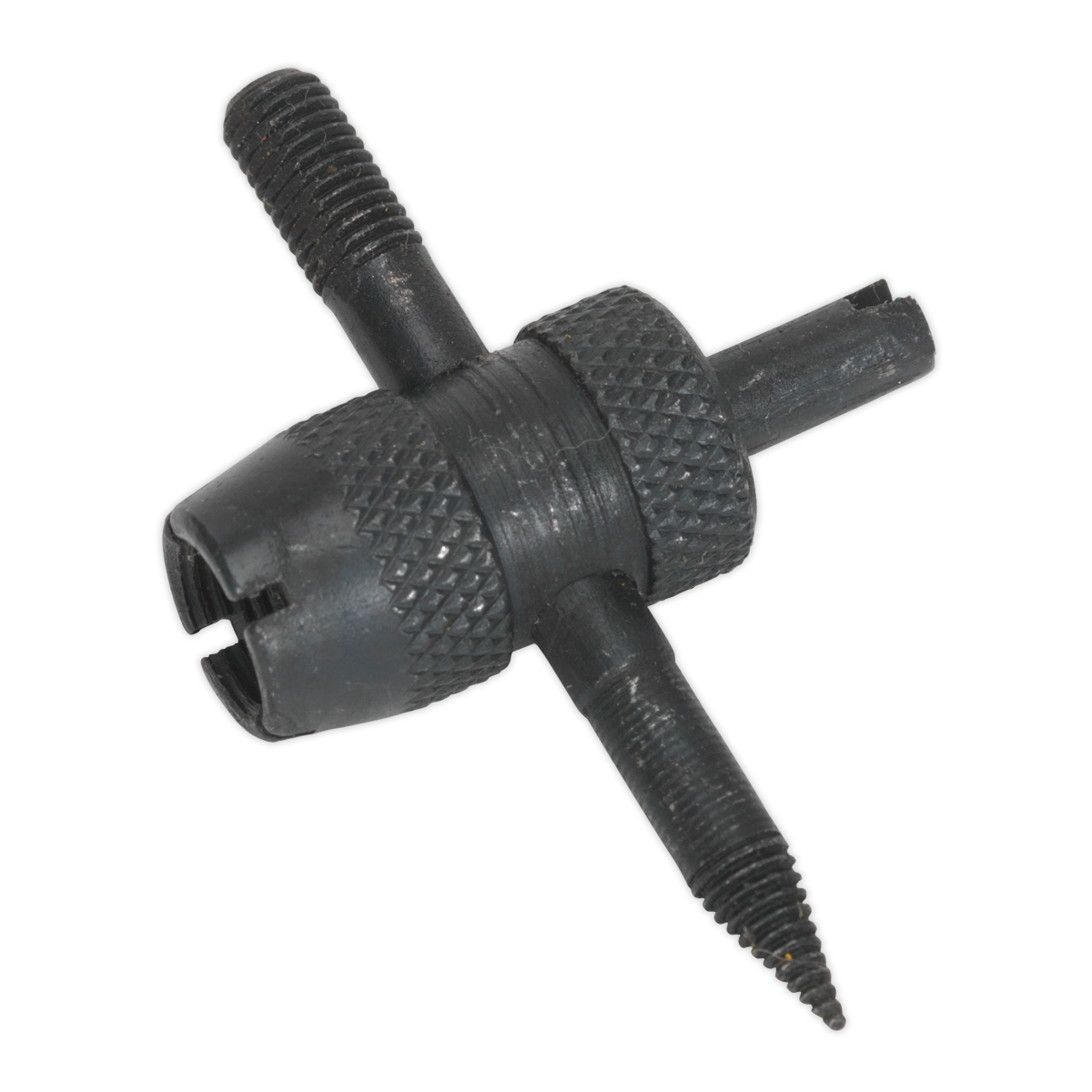 Close-up of the Sealey Tyre Valve Service Tool - TST/VT, showcasing its black metal body with a textured, cylindrical handle and two T-shaped grips for adjusting, all featuring a durable phosphate finish.